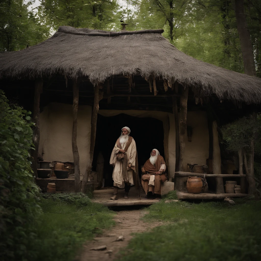 ((masterpiece)), (top quality), (best quality), Village, huts made of stone walls and thatched roofs, old trees, small river, people in long robes and tunics, medieval