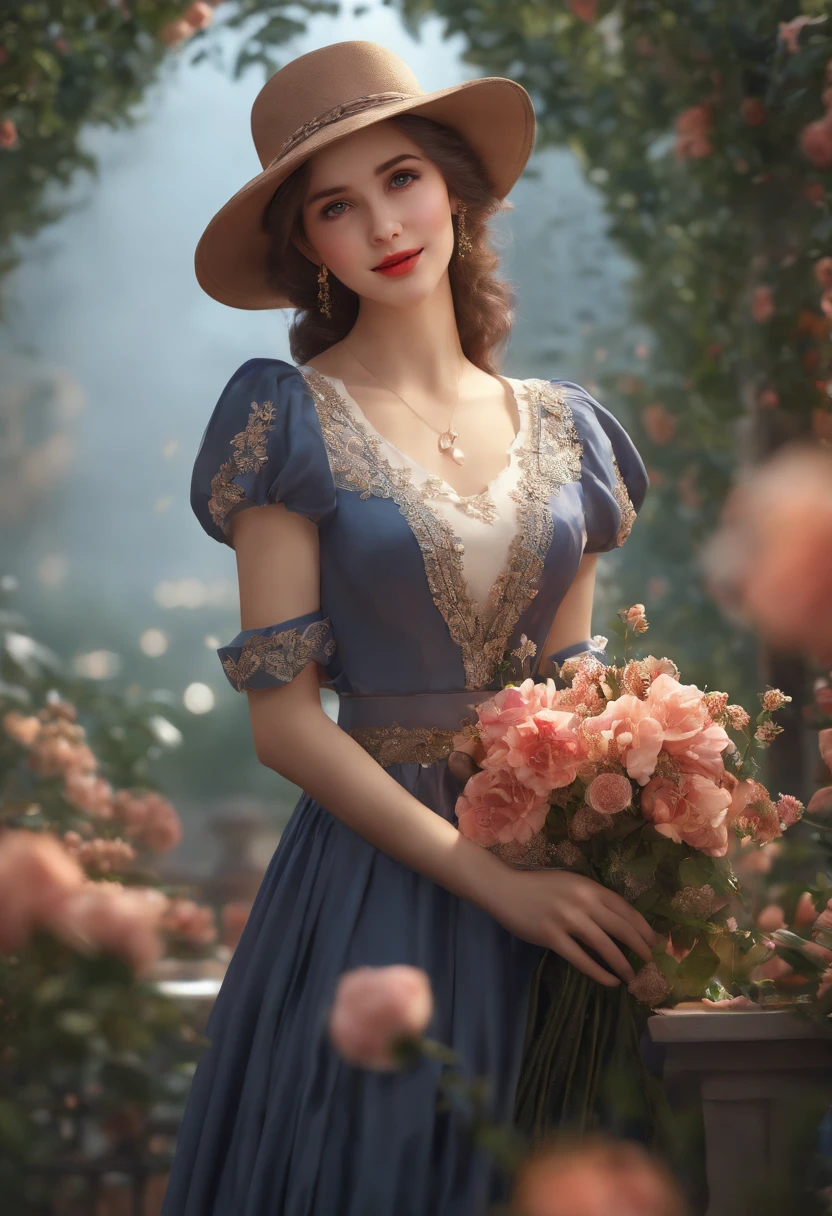 Medium view, medium shot, depth of field, bust, upper body, cinematic angle, masterpiece, best quality, super detailed, CG, 8K wallpaper, beautiful face, delicate eyes, a maiden, solo, smile, bangs, skirt, shirt, hat, dress, bow, petals, bouquet