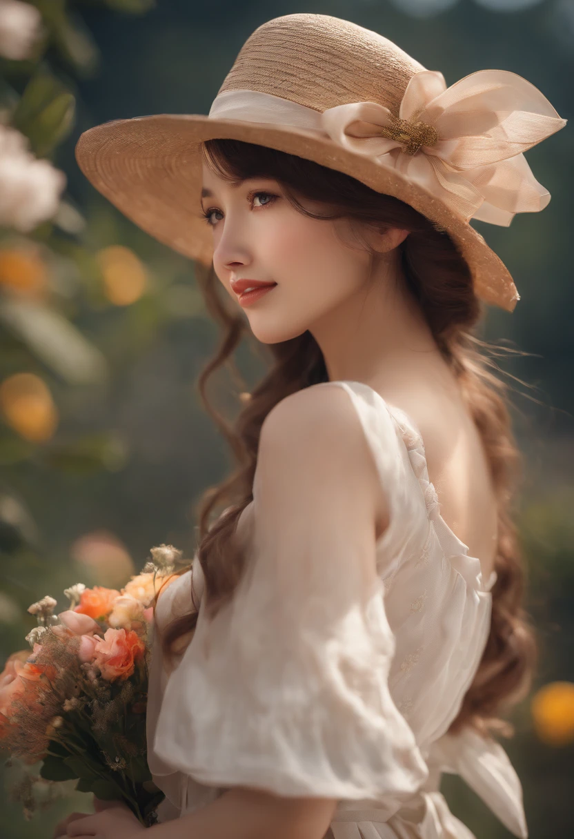 Medium view, medium shot, depth of field, bust, upper body, cinematic angle, masterpiece, best quality, super detailed, CG, 8K wallpaper, beautiful face, delicate eyes, a maiden, solo, smile, bangs, skirt, shirt, hat, dress, bow, petals, bouquet