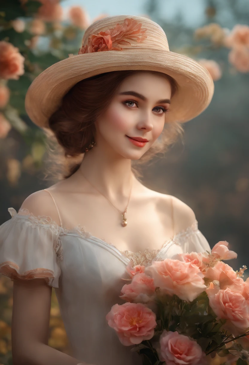 Medium view, medium shot, depth of field, bust, upper body, cinematic angle, masterpiece, best quality, super detailed, CG, 8K wallpaper, beautiful face, delicate eyes, a maiden, solo, smile, bangs, skirt, shirt, hat, dress, bow, petals, bouquet
