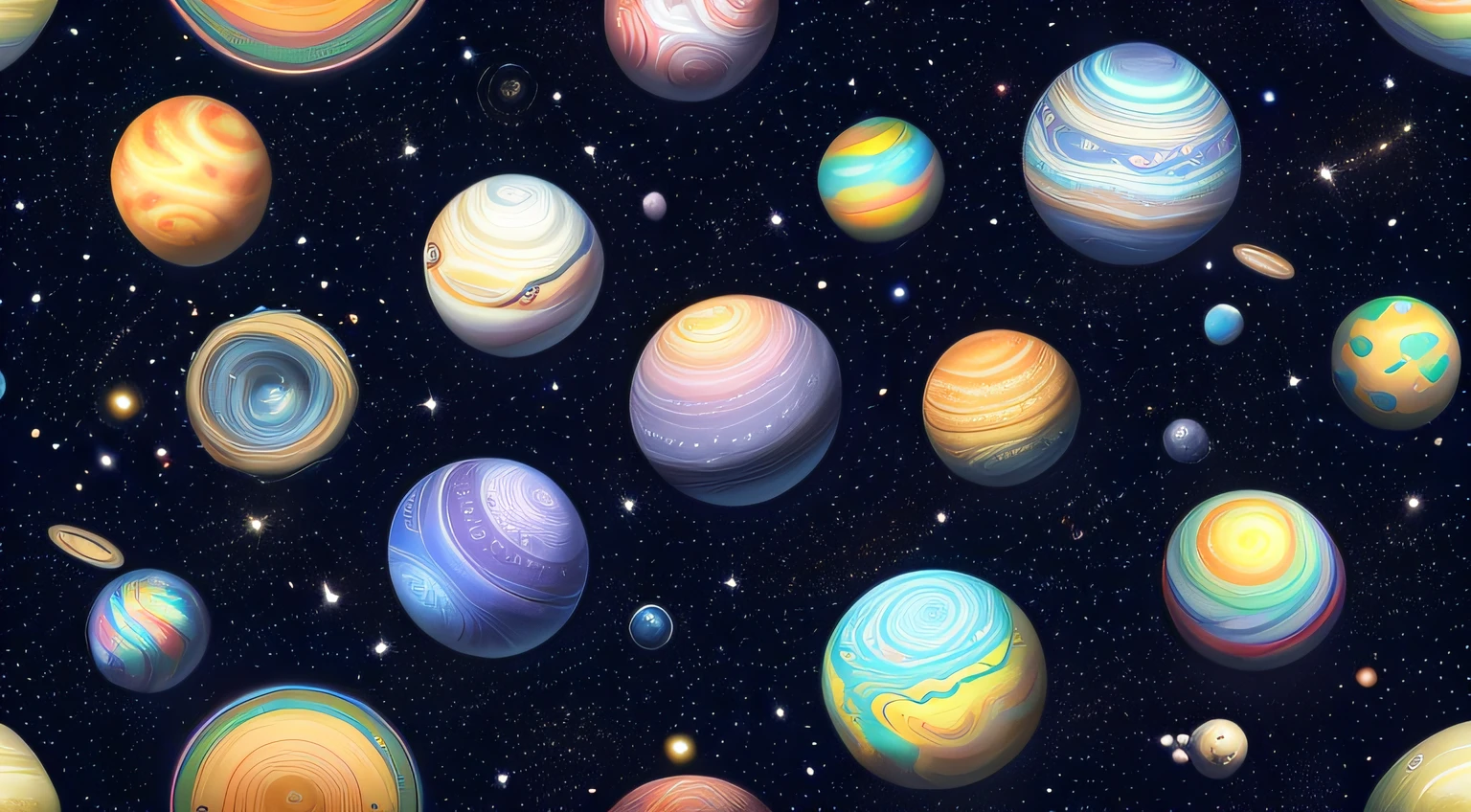 Seamless patterns of galaxies and planets, cosmic design, repeating patterns design, fabric art, flat illustration, rainbow-core, highly detailed clean, photorealistic masterpiece, professional photography, simple field background, isometric, saturn