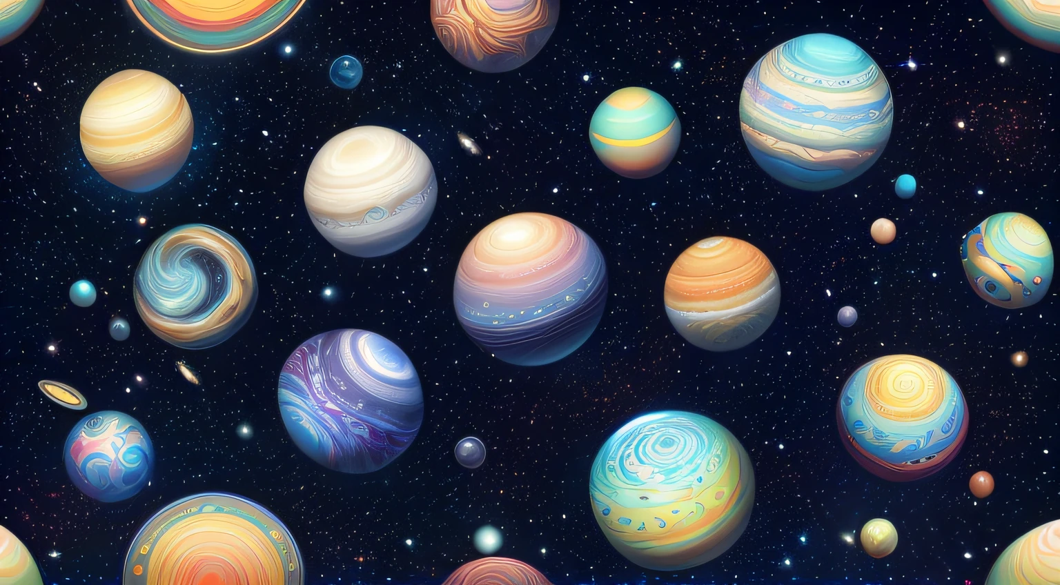 Seamless patterns of galaxies and planets, cosmic design, repeating patterns design, fabric art, flat illustration, rainbow-core, highly detailed clean, photorealistic masterpiece, professional photography, simple field background, isometric, saturn