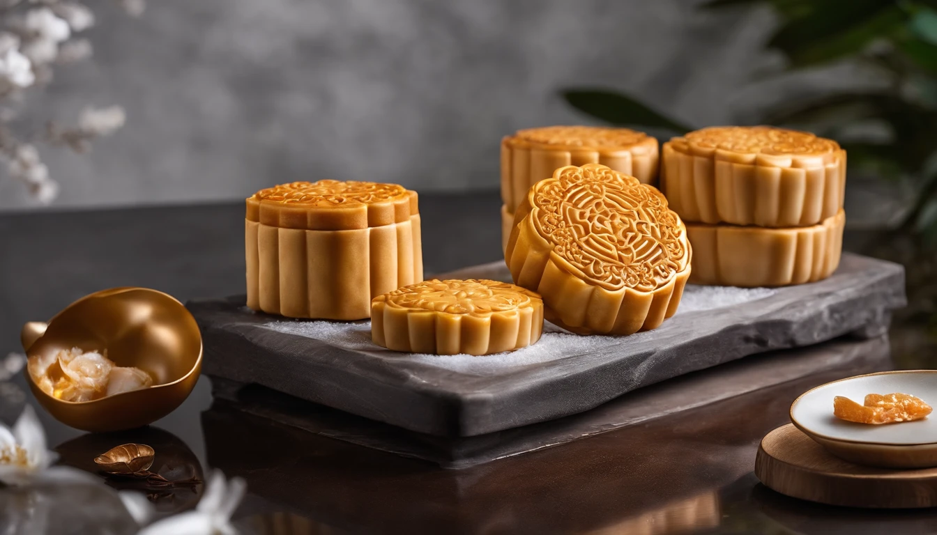 Commercial shooting, Cantonese egg yolk mooncakes, Mooncake size, poster for, Fresh style background, elegant, Booth lighting, Attractive, photorealistic colors, Ultra HD,Snowflake white marble tray
