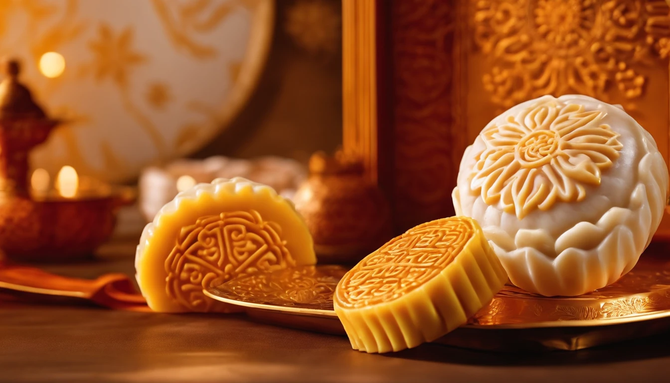 Commercial shooting, Cantonese egg yolk mooncakes, Mooncake size, poster for, Fresh style background, elegant, Booth lighting, Attractive, photorealistic colors, Ultra HD,Snowflake white marble tray