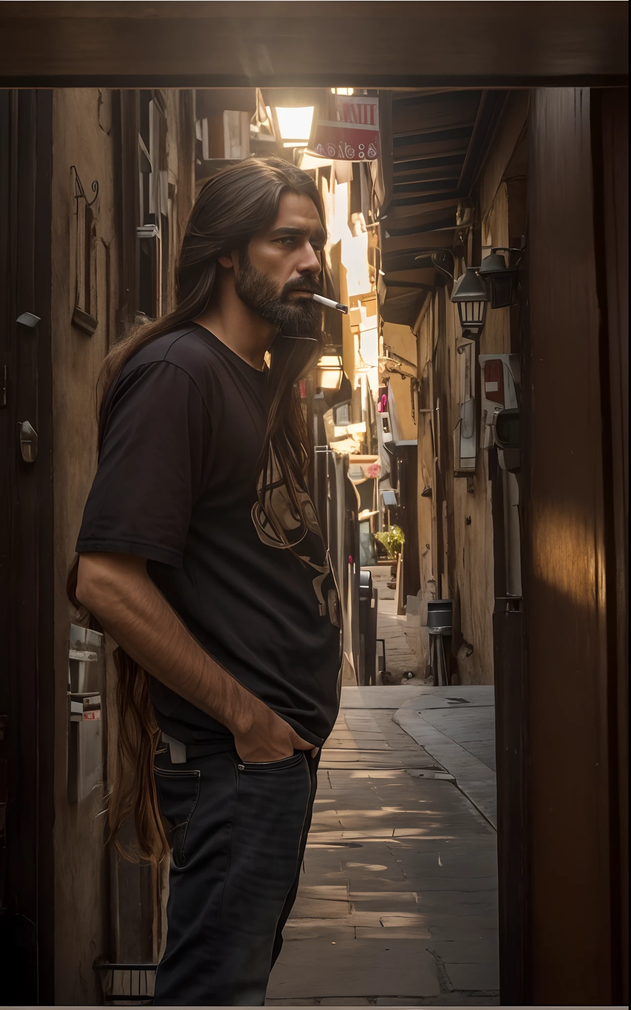 A man long hair with smoking , ((pricise)), ((realistic)), ultra realistic, sun lighting, afternoon