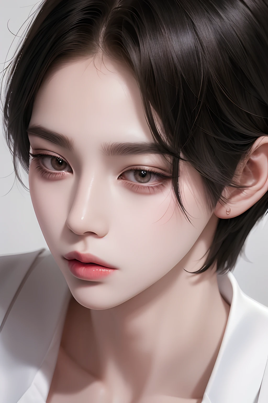 closeup,ulzzang,oriental face,beauty,white studio,8k resolution,((shorthair)),white tanktop