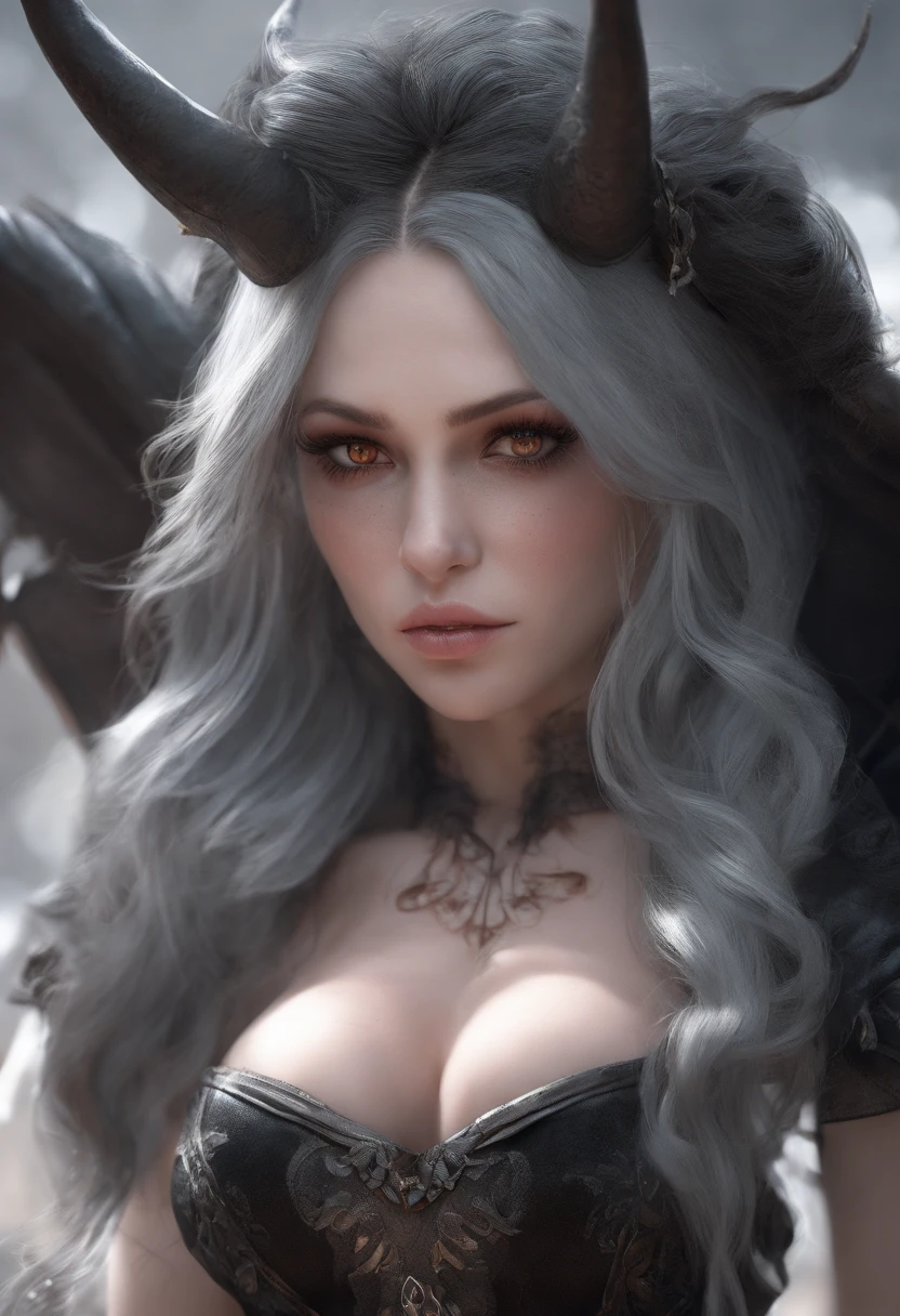(Best quality, High-res:1.2), Portrait, Western mythological succubus, Erotic art, Perfect physique, Flowing shoulder-length hair, Slender heels, Sexy devil costume, devil horns, Black stockings, Seductive expression, incredibily detailed, entire body image, Heart-shaped eyes, Cinematic lighting, Masterpiece
