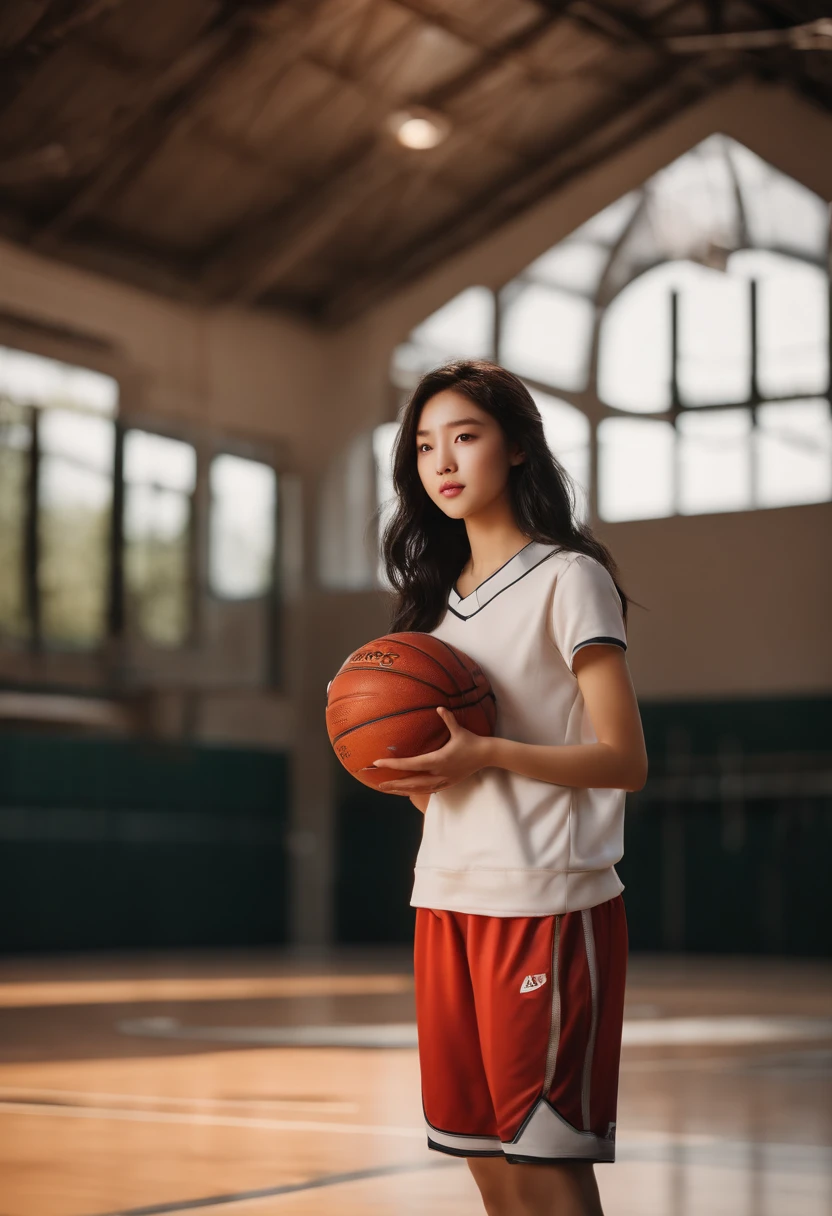 (8k, best quality, masterpiece:1.2), (realistic, photo-realistic:1.37), ultra-detailed,best quality, ultra high res, professional lighting, photon mapping, radiosity, physically-based rendering, cinematic lighting, basketball court,depth of field, sharp focus,sunbeam, good composition,(bokeh:1.2) 1girl,solo,(full body), (closed mouth),beautiful detailed eyes, pose, narrow waist,basketball uniform, black hair,messy hair,long hair floating in wind,(ulzzang-6500:1.2),  mix4, hiqcgbody