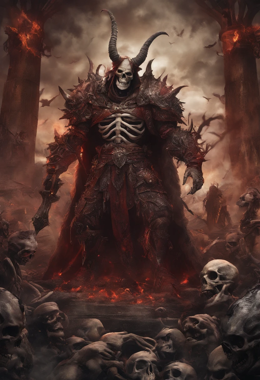devil horns,Claws,battleaxe,Spooky environment,dentes pontiagudos,Berserker,full bodyesbian,Powerful aura,A strong sense of oppression,incredibly detailed,Red-eyed skeleton,The flames of hell are raging,Skeleton Legion,Ultra photo realsisim