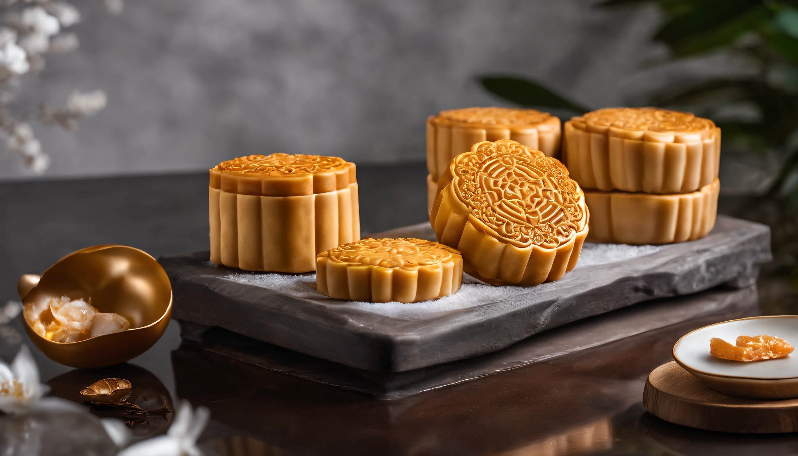 Commercial shooting, Cantonese egg yolk mooncakes, Mooncake size, poster for, Fresh style background, elegant, Booth lighting, Attractive, photorealistic colors, Ultra HD,Snowflake white marble tray