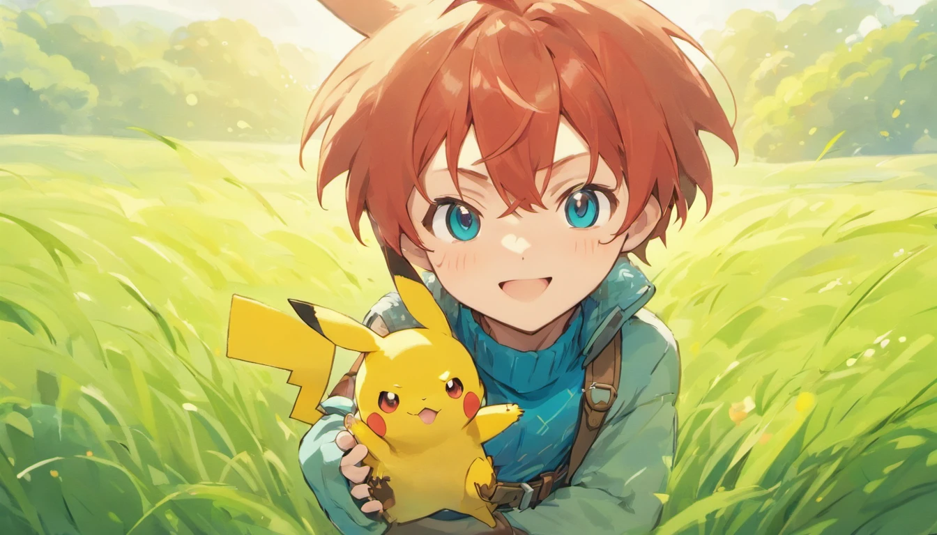Hi-Res, 1 boy, 独奏,Holding a Pikachu in Your Hands, grey eyes, red hair, blue knitted turtleneck with long sleeves, White shorts, a belt, Grassy, deph of field, The best smile, put hands on the hip