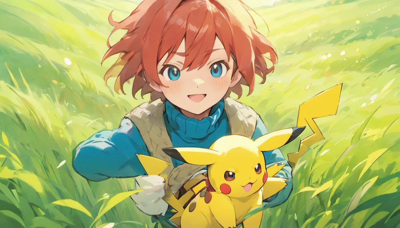 Hi-Res, 1 boy, 独奏,Holding a Pikachu in Your Hands, grey eyes, red hair, blue knitted turtleneck with long sleeves, White shorts, a belt, Grassy, deph of field, The best smile, put hands on the hip