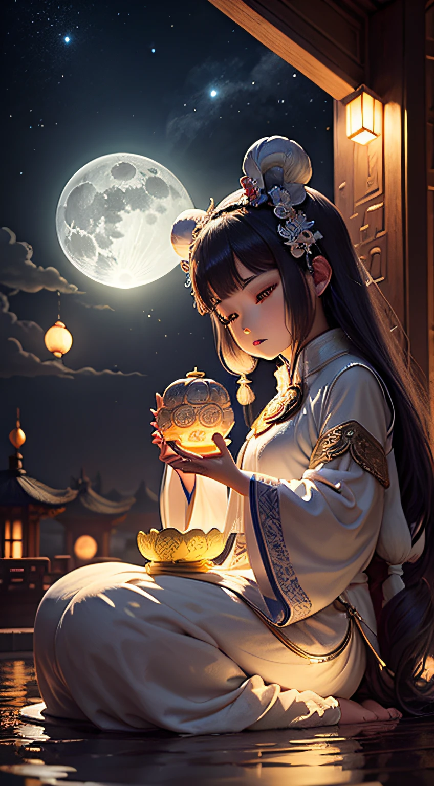 Full moon,Clouds,full of lights,Ancient architecture,Chang'e held the jade rabbit and sat on the big mooncake,Jade Rabbit eats small mooncakes,There is a little water around the large mooncake,Bright lights in the sky