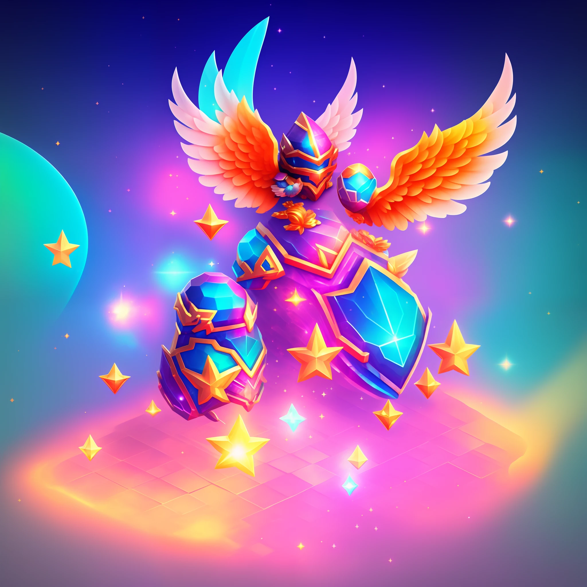 Close up of car and diamond on colorful background, Glass helmet and pigeon wings, Item Art, star guardians, 3 d icon for mobile game, Magic artifacts, Heartstone Original Art Style, magical items, star guardian inspired, Shiny Gem, maplestory mouse, Shiny gemstones, ornate gem in pommel, angelic halo, shiny armor