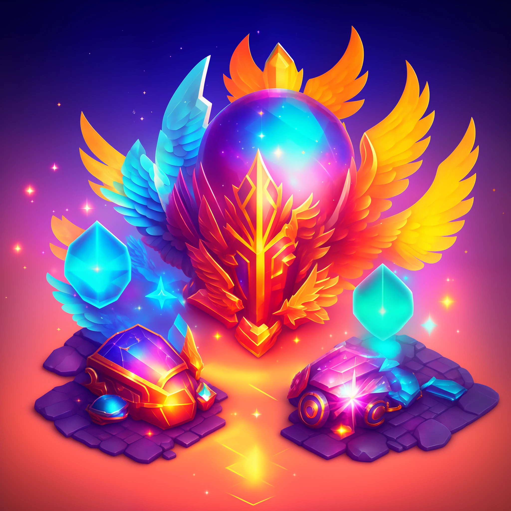 Close up of car and diamond on colorful background, Glass helmet and pigeon wings, Item Art, star guardians, 3 d icon for mobile game, Magic artifacts, Heartstone Original Art Style, magical items, star guardian inspired, Shiny Gem, maplestory mouse, Shiny gemstones, ornate gem in pommel, angelic halo, shiny armor