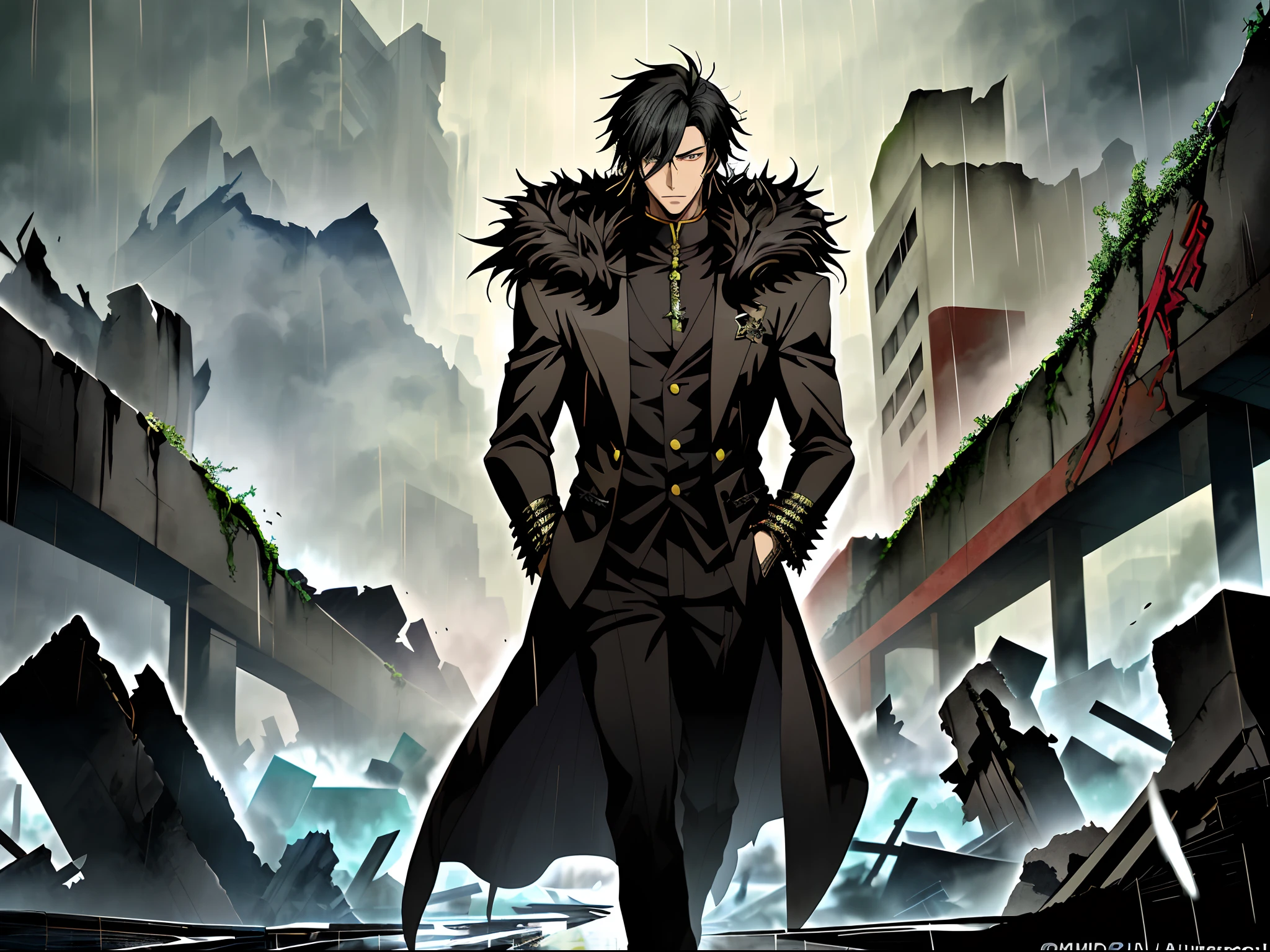 An anime man in a black fur coat stands among the ruins in the rain, Black colored eyes,Black hair,Anime handsome man, Anime portrait of a handsome man, Anime concept HDR anime, Key anime art, male anime character,