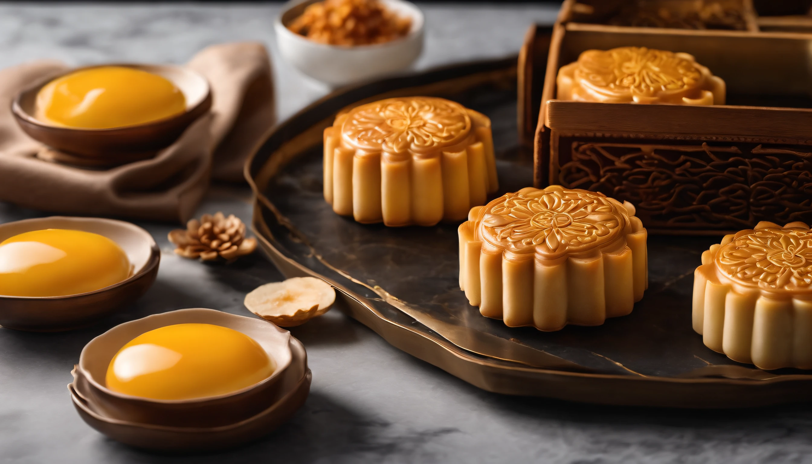 Commercial shooting, Cantonese egg yolk mooncakes, Mooncake size, poster for, Fresh style background, elegant, Booth lighting, Attractive, photorealistic colors, Ultra HD,Snowflake white marble tray