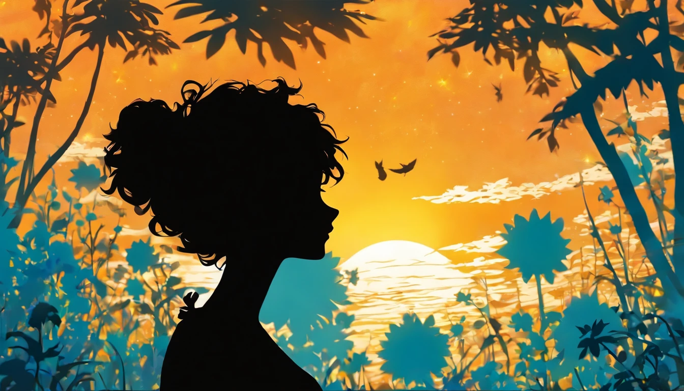 (Silhouette Art,cutouts:1.6) (((Paper cutting art,A world where only white exists:1.3) (Cowboy Shot),1 girl、Solo, (summer  dress, profile:1.2),white, Clear and beautiful face,Romper (blue open sky、white clouds、Yellow sunflower) Textured glass background,World of Tarot Cards、summer feel