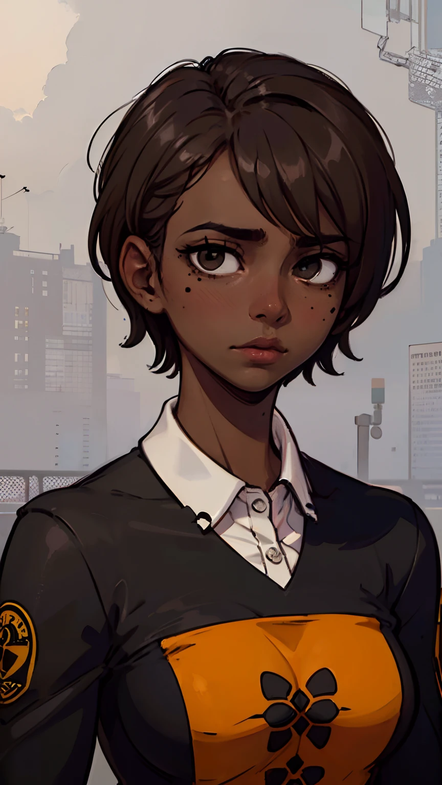 1 girl, (dark brown skin tone:1.4), very short hair, black eyes colour, mole down the right eye, School girl outfit, Cold expression, depressed, dominant aura, (high quality, masterpiece, extremely detailed:1.2), (Realistic, photorealistic:1.2)