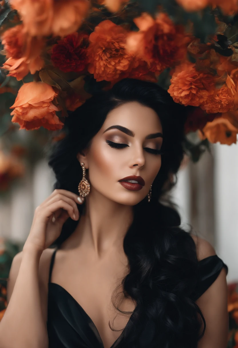 Her black hair, luxurious, wavy, falls gracefully down her shoulders and flows gently around her face, framing it with a touch of glamour.