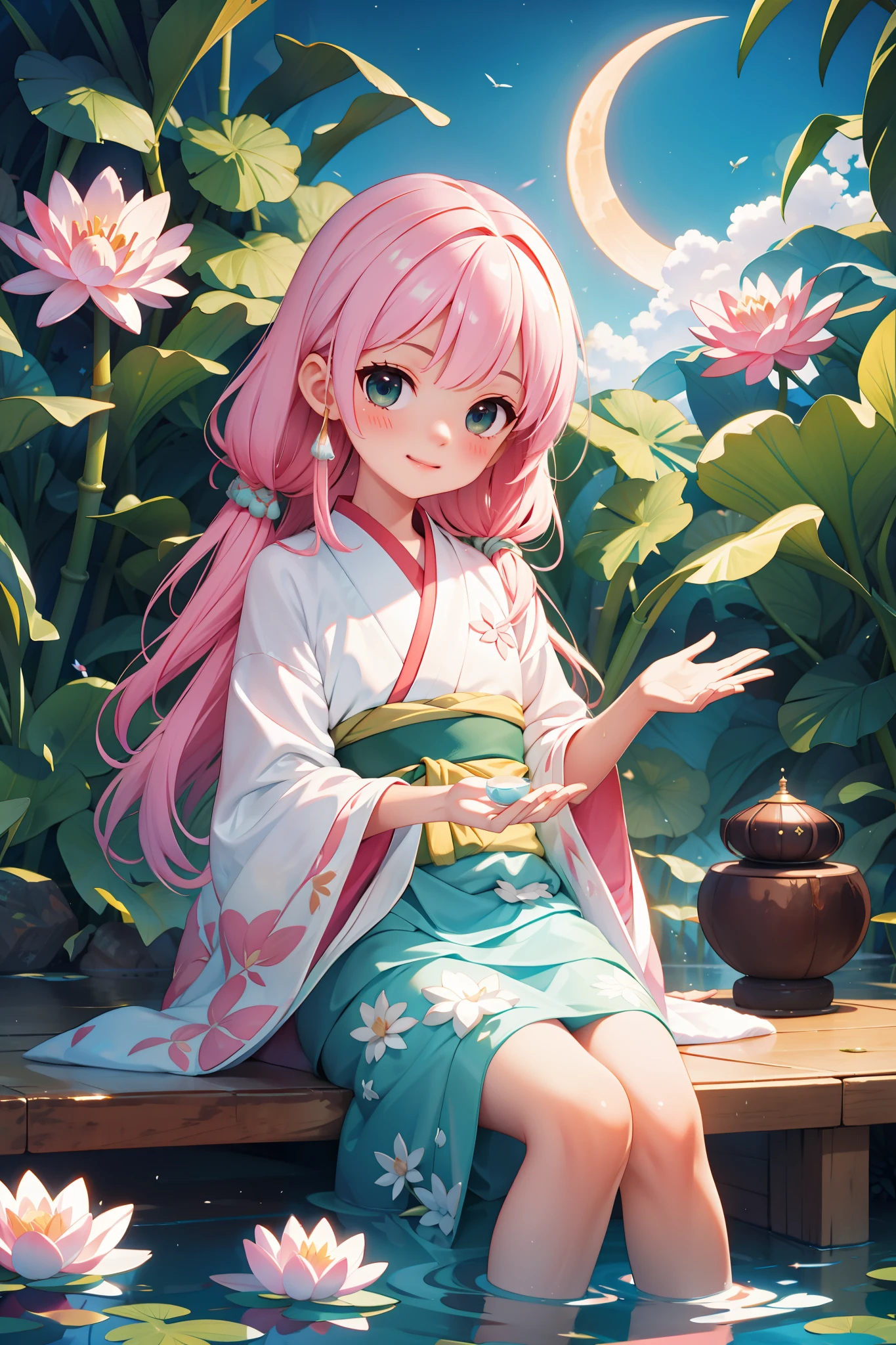 (best qualtiy,tmasterpiece,Hyper-realistic),1 beautiful and delicate portrait of a girl,Playful and cute,Pink Hanfu, Moon,Chao yang, sonoko, Bamboo, water lily, hot onsen, vapour, (illustration: 1.0), Epic composition, Realistic lighting, HD details, Masterpiece, Best quality, (Very detailed CG unity 8k