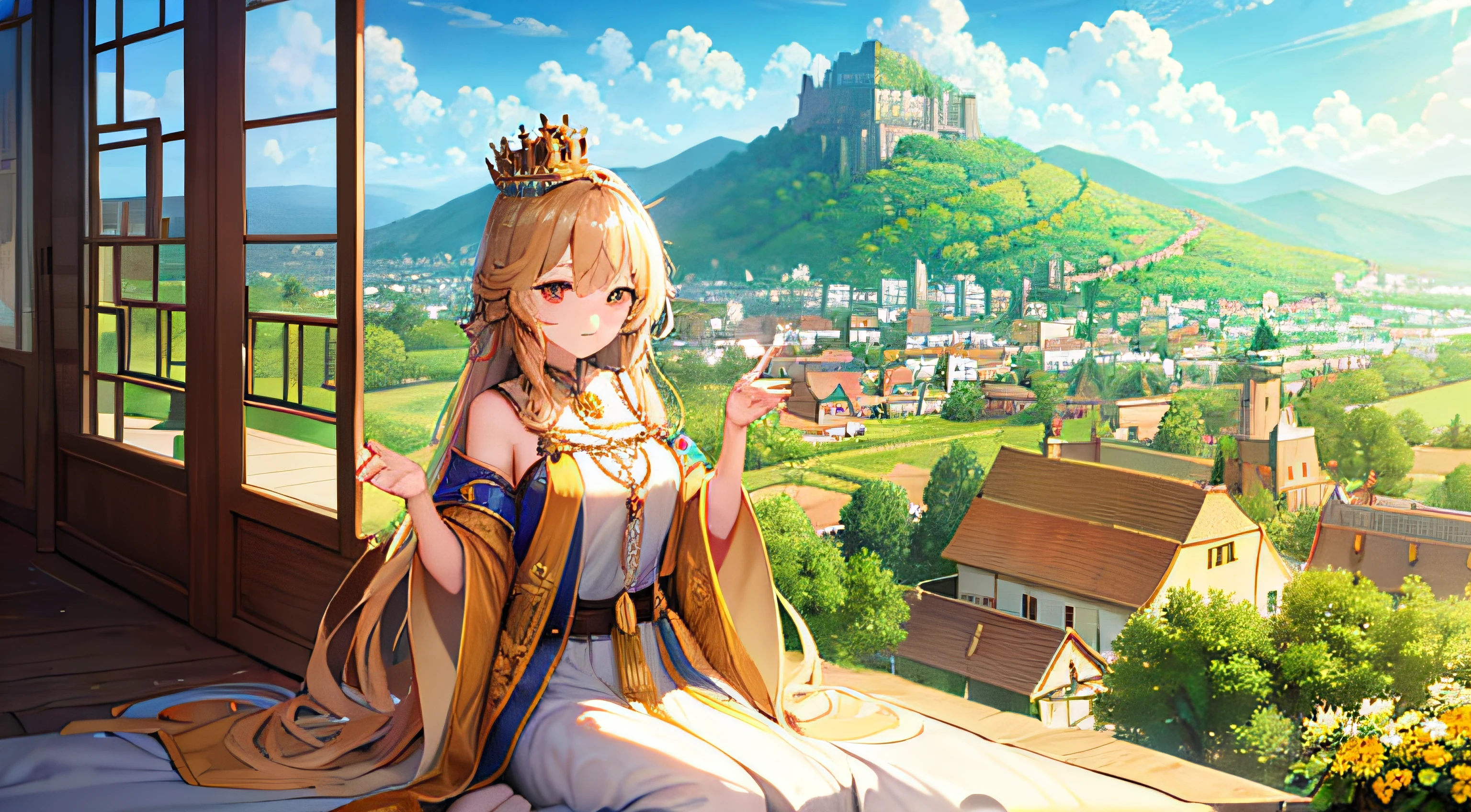A majestic golden crown radiating light, set against a backdrop of a sunlit kingdom with vibrant fields and bustling villages