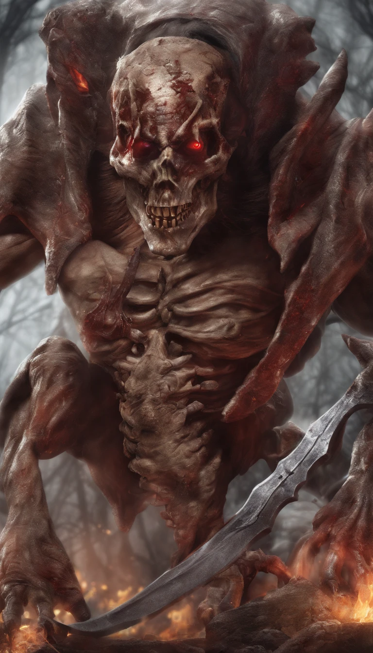 devil horns，Claws，battleaxe，Spooky environment，dentes pontiagudos，Berserker，full bodyesbian，Powerful aura，A strong sense of oppression，incredibly detailed，Red-eyed skeleton，The flames of hell are raging，Skeleton Legion，Ultra photo realsisim
