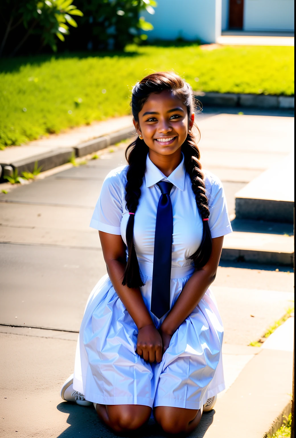 A 17 year old dark skinned girl with beautiful purple eyes, Wavy black hair that reaches to her waist and her beautiful grey and red school uniform. She is smiling at the camera where you can see the beautiful landscape of a park with a lake full of ducks