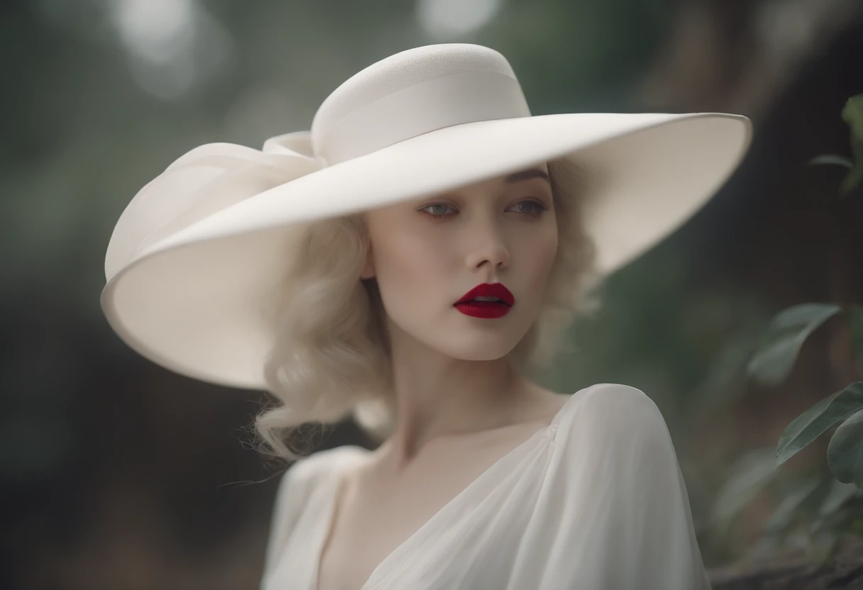 arafed woman in a white hat and dress with a red lip, pale porcelain white skin, guweiz, guweiz masterpiece, artwork in the style of guweiz, soft portrait shot 8 k, pale young ghost girl, porcelain white skin, by Russell Dongjun Lu, pale milky white porcelain skin, elegant lady with alabaster skin