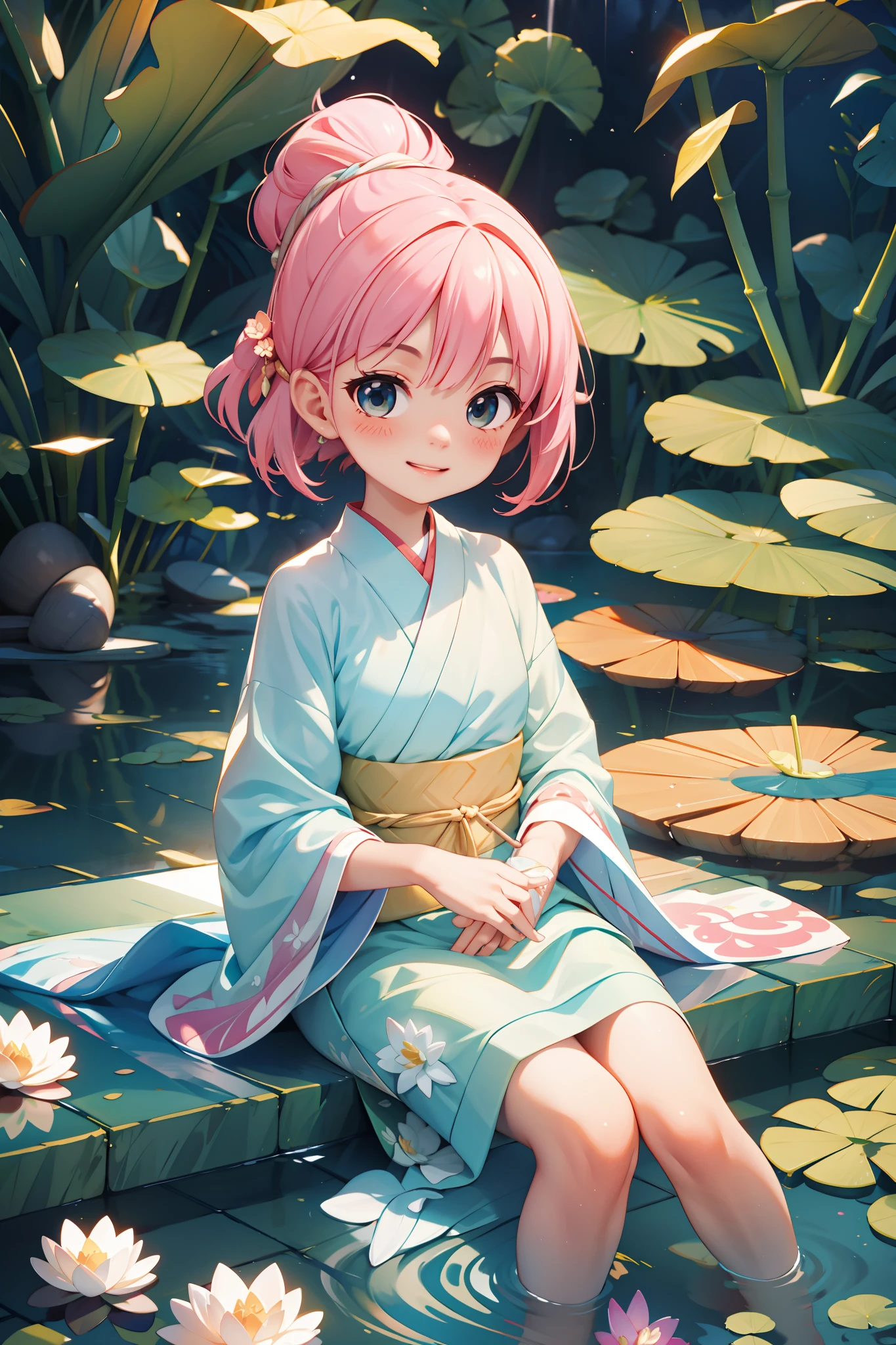 (best qualtiy,tmasterpiece,Hyper-realistic),1 beautiful and delicate portrait of a girl,Playful and cute,Pink Hanfu, Moon,Chao yang, sonoko, Bamboo, water lily, hot onsen, vapour, (illustration: 1.0), Epic composition, Realistic lighting, HD details, Masterpiece, Best quality, (Very detailed CG unity 8k