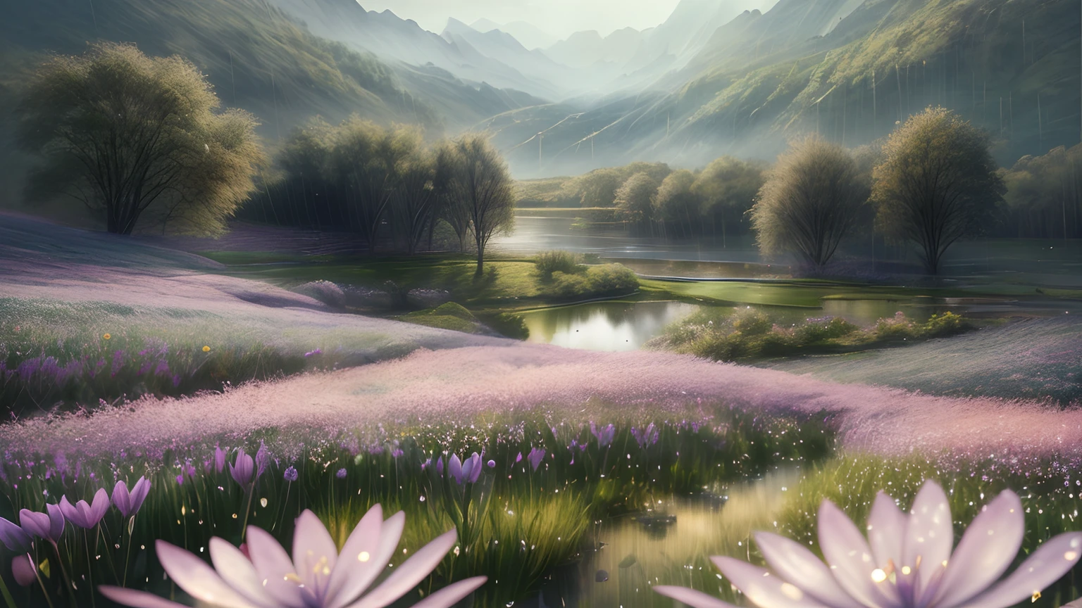 concept-art,Surreal spring scene glass transparent super texture The best quality, rained,Foreground meadow flowers Dewdrops Vines Distant blurred lake Beautiful nature Aesthetics,Poster art creative works,best qualtiy,Realistic creative reality 8k Octane rendering,Ray traching,Super meticulous