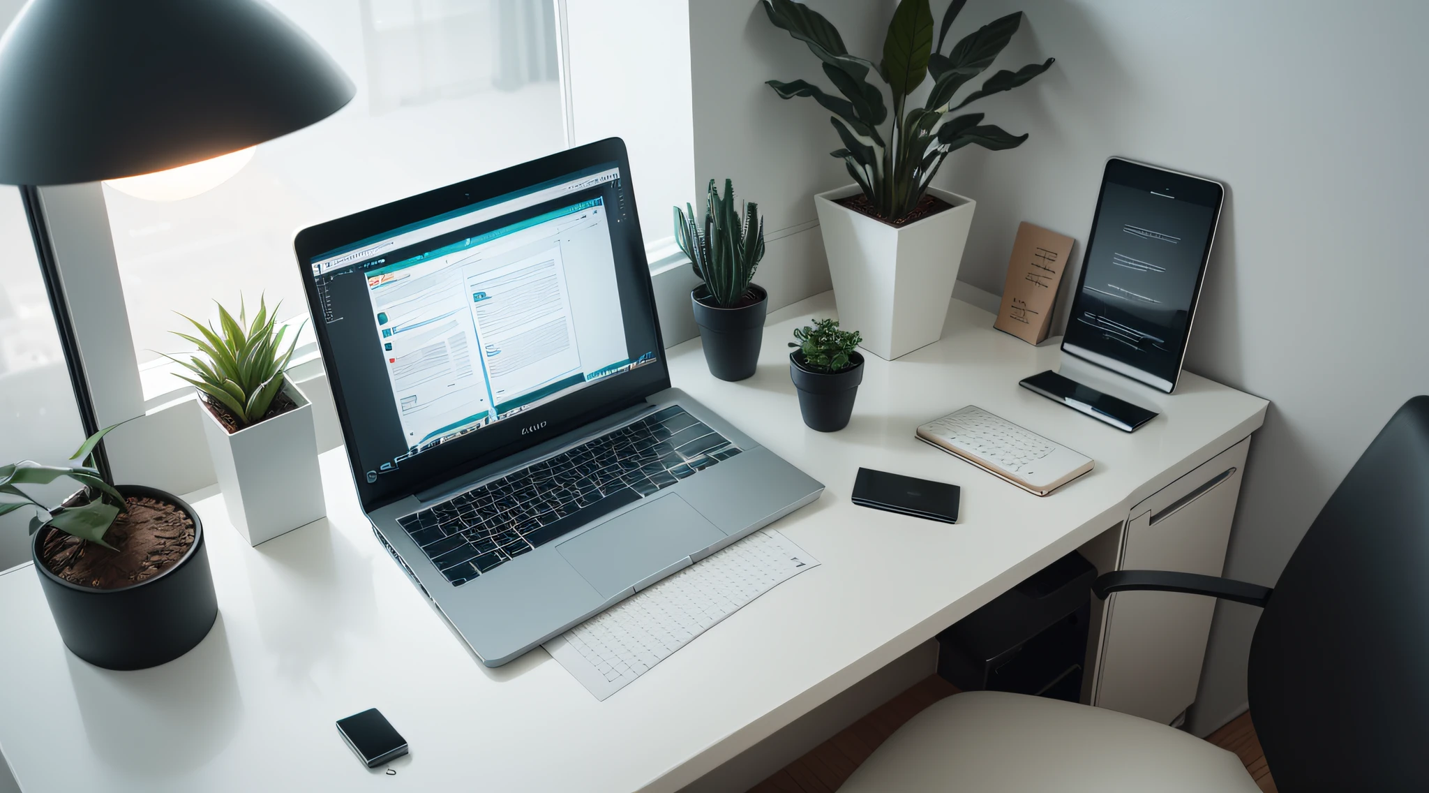 a close up of a desk with a computer and a plant, minimalist home office, minimalist desk, home office interior, pristine and clean design, home office, sitting at desk at keyboard, clean and pristine design, sitting at a computer desk, sitting in front of computer, working on a laptop at a desk, clean and simple design, minimalist and clean