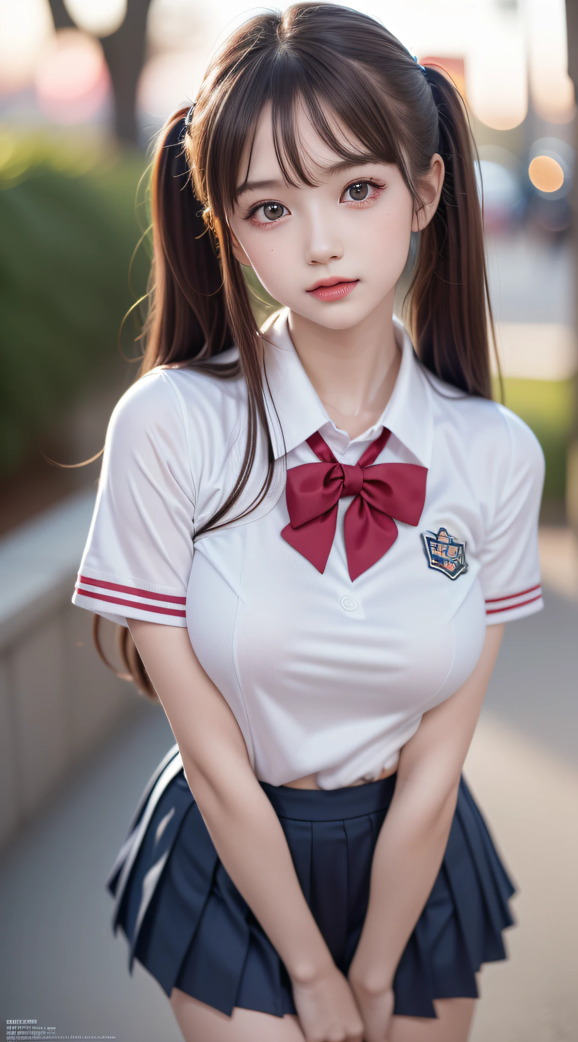 1young girl, extremely beautiful, (extremely cute), (extremely detailed beautiful face), Amazing face and eyes, Brown hair, Brown eyes, (High School Uniform, Pleated mini-skirt:1.3), (High school uniform with wide open breasts:1.2), Beautiful breasts, (Best Quality:1.4), (Ultra-detailed), extremely detailed CG unified 8k wallpaper, Ultra realistic, (photo-realistic:1.3), raw photos, professional photograpy, cinematic lighting, Realistic portrait, Sitting, (Spread legs wide open), (no panties:1.3), ((Bokeh)), depth of fields, View from below,