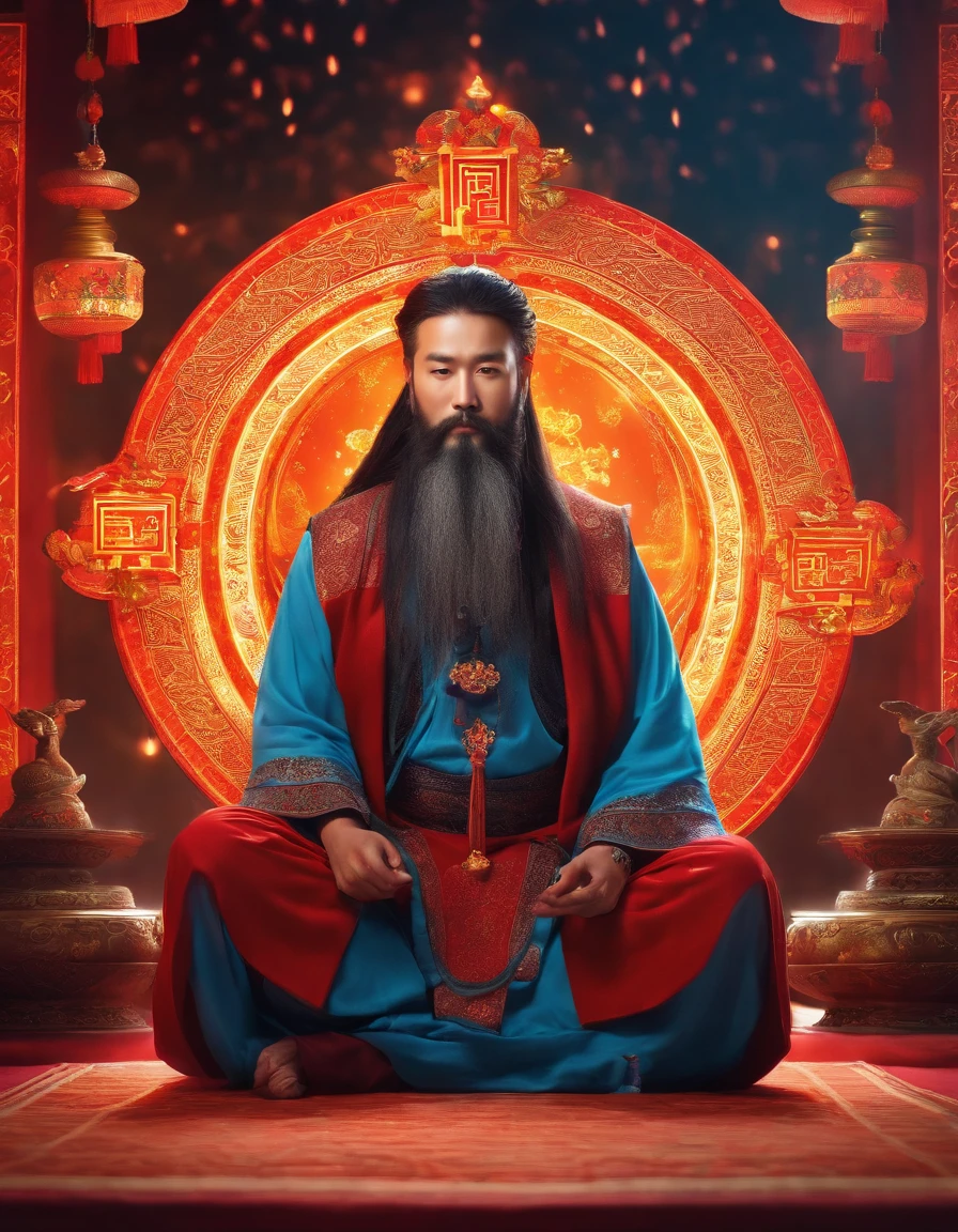 Young male Taoist leader in China，Long beard，Meditate cross-legged, at centre，Very bright colors, Light particles, with light glowing, Mshiv, wallpaper art, UHD wallpaper