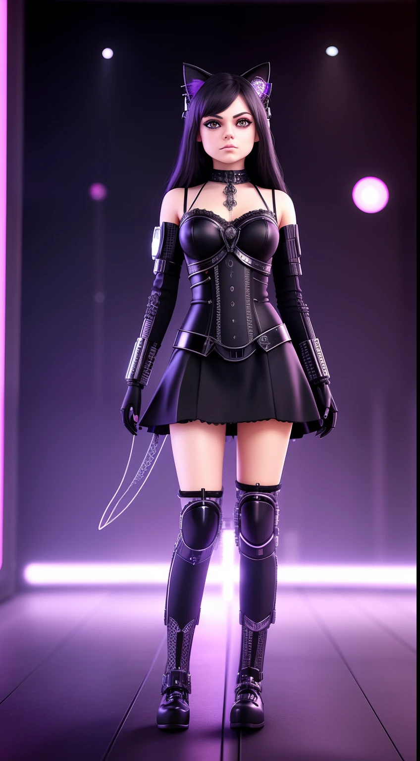 a cute kitten preteen fairy goth Mila Kunis, symmetrical, 8k, 2d render, ((full body)) (tween model, , young)), ethereal beautiful, slim, petite, made out of metal, (cyborg:1.1), ([tail | detailed wire]:1.3), (intricate details), hdr, (intricate details, hyperdetailed:1.2), cinematic shot, vignette, centered