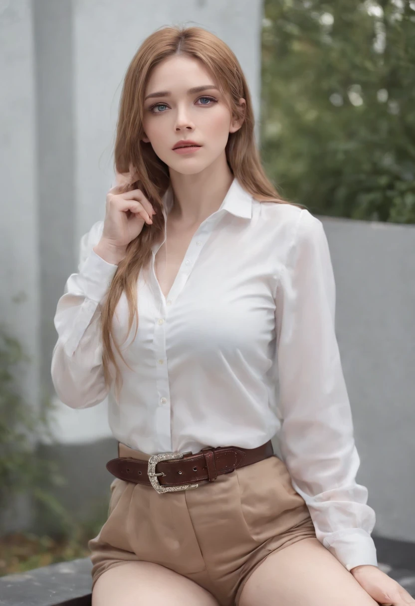 Ott style, shingeki no kyojin,, , Krista Lentz,, 1girll, belt, belt buckle, Blonde hair, Blue eyes, brownfootwear, Brown pants, Buckle, Chest belt, Collared shirt, Diamond (Shape), Floating hair, From the side Side, full bodyesbian, greybackground, hair between eye, hands on own thighs, Long hair, Long sleeves, watching the future, Own hands together, Pants, parted lip, shirt, shoes, Sitting, Solo, Sparkle, Star (symbol), thigh band, White shirt, , , ((Masterpiece)), Best quality, ,