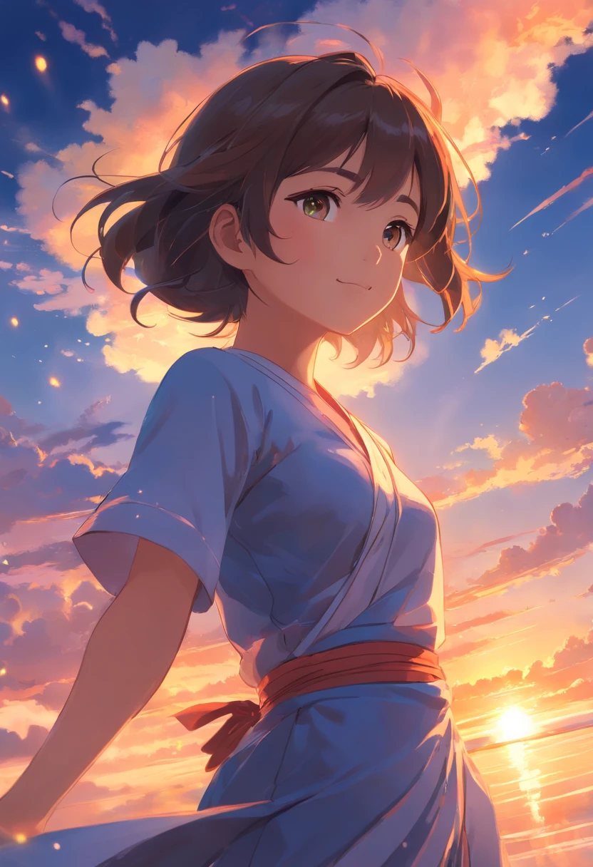 Cambodian dress traditional, masterpiece, best quality, movie still, 1girl, cloud girl, floating in the sky, close-up, bright, happy, warm soft lighting, sunset, (sparks:0.7)
