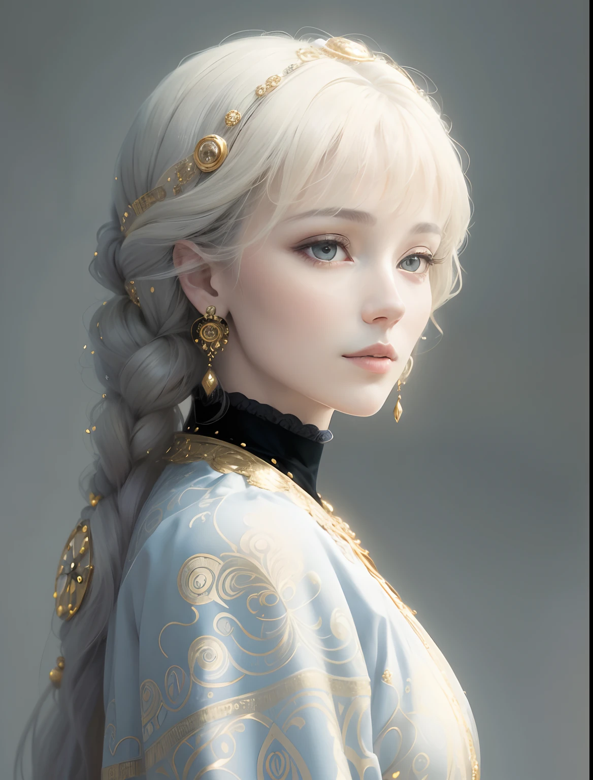 A mesmerizing portrait of a woman, inspired by the artistry of Gustav Klimt. The woman, her features rendered in hyper-realistic detail, is adorned with intricate patterns and motifs reminiscent of Klimt's iconic style. The lighting is soft and diffused, casting a warm glow on her figure and the ornate decorations. The color palette is rich and vibrant, with a focus on golds and jewel tones, a signature of Klimt's work. The composition is carefully balanced, with the woman centrally positioned in the frame. The image is to be generated with a high-resolution 16k, using a virtual 85mm lens, with a focus on sharpness and depth-of-field