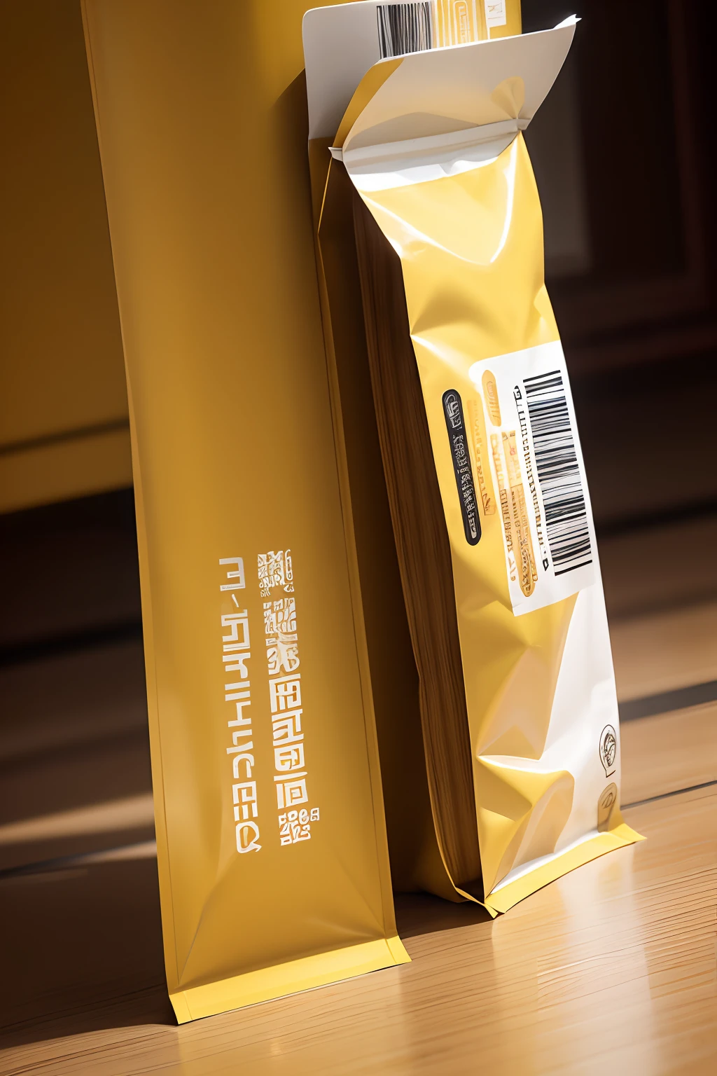Long strip pharmaceutical packaging bag,Thin strips like the packaging of instant coffee,The appearance is imperial yellow,Write the product name vertically in italics,It reflects the high-end atmosphere on the grade,Simplicity is not complicated