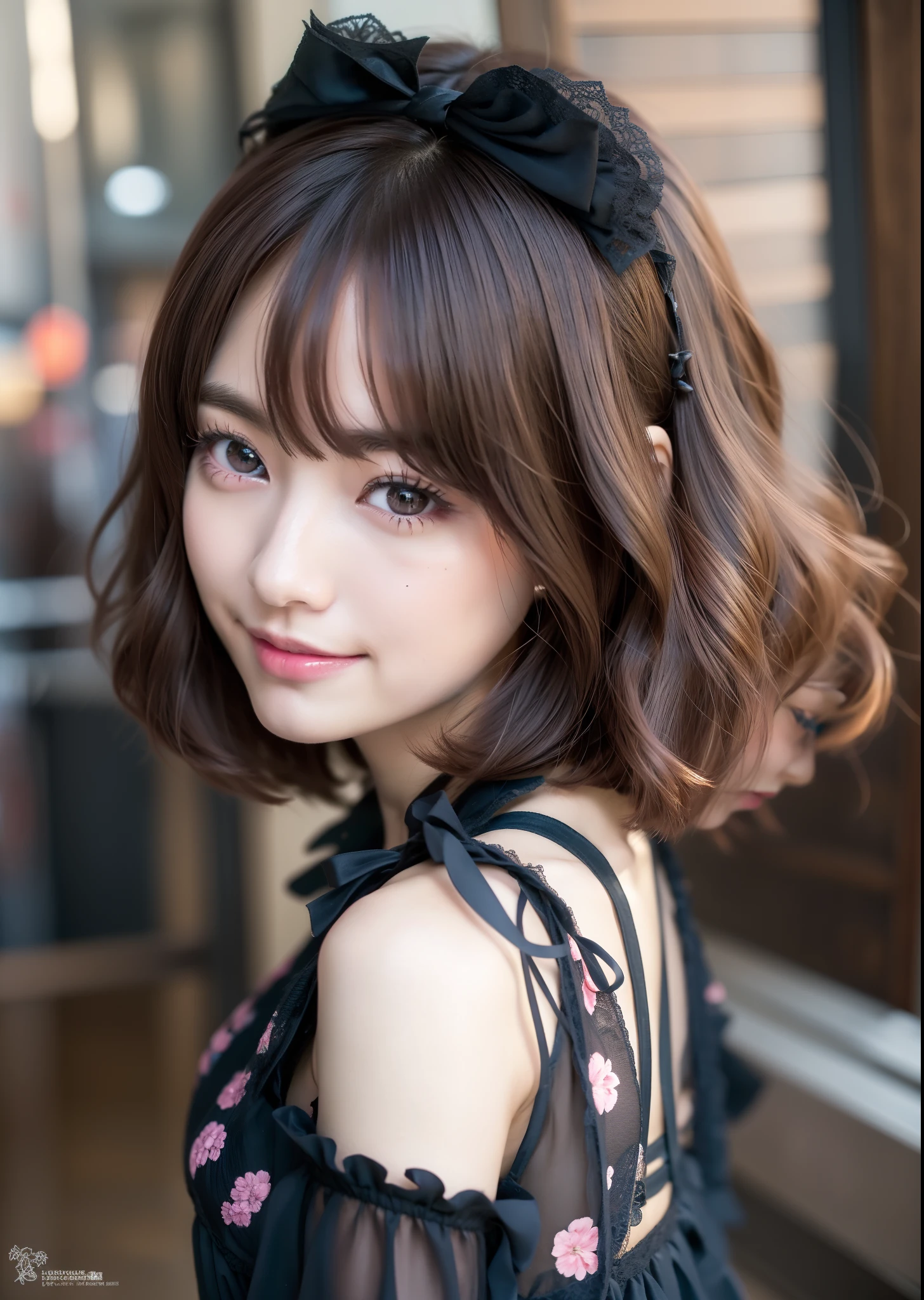 1 girl, solo, (short hair), japanese idol, perfect figure, beautiful eyes double eyelids, gothic ta fashion, 26 years old, downtown like Harajuku, broad smile, upper body, blow a wind, slim body