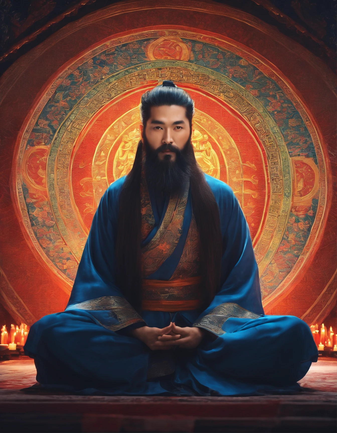 Young male Taoist leader in China,Long beard,Meditate cross-legged, at centre,Very bright colors, Light particles, with light glowing, Mshiv, wallpaper art, UHD wallpaper