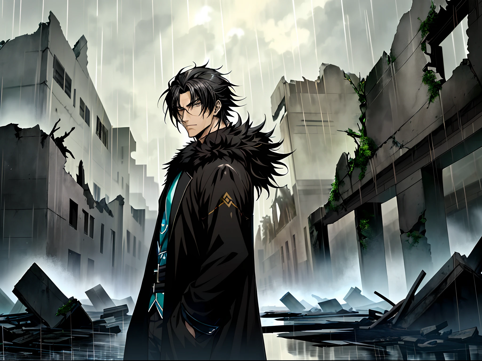 An anime man in a black fur coat stands among the ruins in the rain, Black colored eyes，Black hair，Anime handsome man, Anime portrait of a handsome man, Anime concept HDR anime, Key anime art, male anime character,