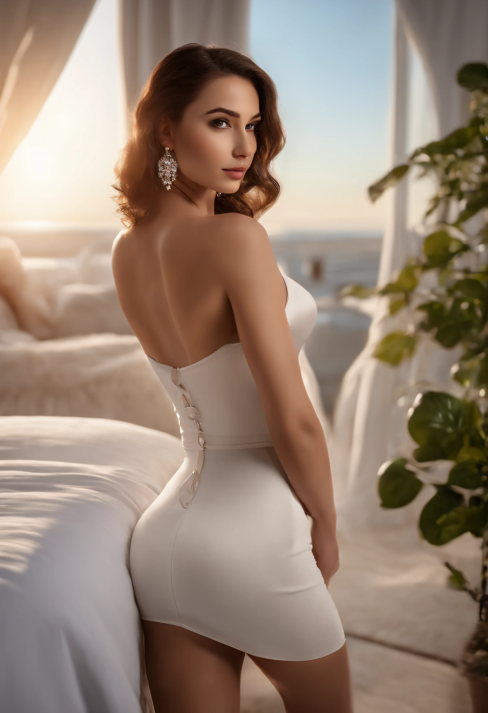 (Seduction pose), 8k, masterpiece, RAW photo, best quality, photorealistic, extremely detailed CG unity 8k wallpaper, Depth of field, Cinematic Light, Lens Flare, Ray tracing, (extremely beautiful face, beautiful lips, beautiful eyes), intricate detail face, ((ultra detailed skin)) 1girl, sunset, deep shadow, pretty white girl, 1 girl, (very slim slender fit-muscled body:1.3), ((looking at viewer)),(seductive smile:1.3), (bedroom sunset), (without people in the background:1.3), heart-shaped earrings, clear eyes, (pale skin), (medium eyes), face forward, (brown hairs), (full body shot), ((naked very short slik skirt black color:1.3)), (looking at viewer:1.3) open breast, very slim, medium breasts, turning back, (back shot), ass focus, brow front, thick thighs, (very small waist), (wide hips), (tight fitting skirt), holding skirt with right hand,
