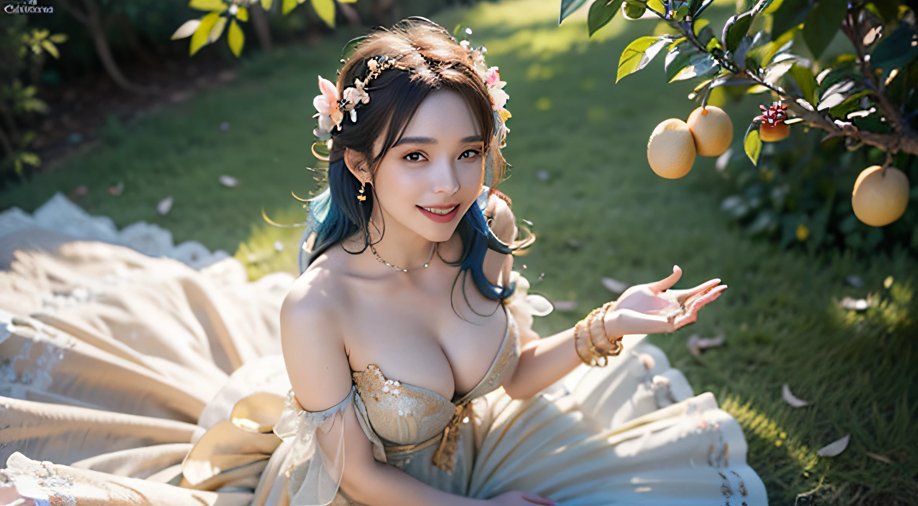Style-Sylvamagic, Award-winning character concept art of beautiful dryad sitting on citrus tree, In a beautiful orange citrus grove, Citrus fruits of the tree, Amazing body, Smiling, Happy, Laughing, delight, Light blue hair, Golden horn, Beautiful Gossamer See-Through Dress, Blurry_Background, breasts, Smile, Voluptuous, Natural lighting, Medium_breasts, Lips, up looking_で_viewer, Solo, From above, Highly detailed 8K character concept portrait studio lighting, Sunlight, Beautiful lighting,