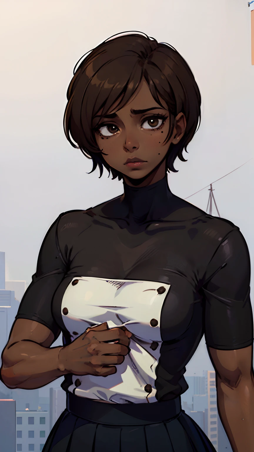 1 girl, (dark brown skin tone:1.4), very short hair, black eyes colour, mole down the right eye, School girl outfit, Cold expression, depressed, dominant aura, (high quality, masterpiece, extremely detailed:1.2), (Realistic, photorealistic:1.2)