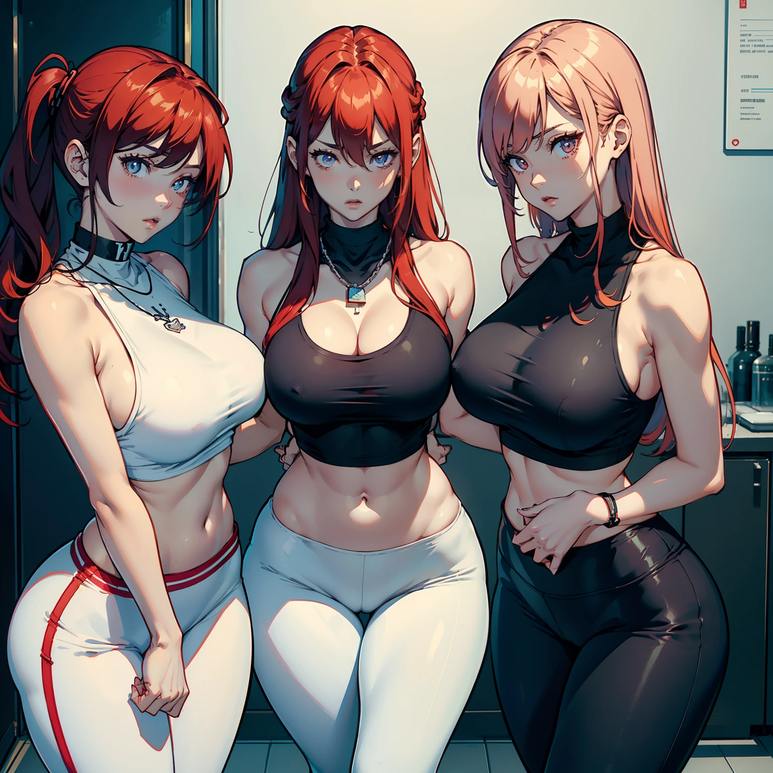 handsome body, pretty face, 3 girls together, The eldest girl, light red hair, Eye, neck chain, shoulders, фуфайка, Leggings pants, big breastes,, hason, skinny waist, Thick legs,, thick-thighs,, Background scenario, chaotically looking at the viewer