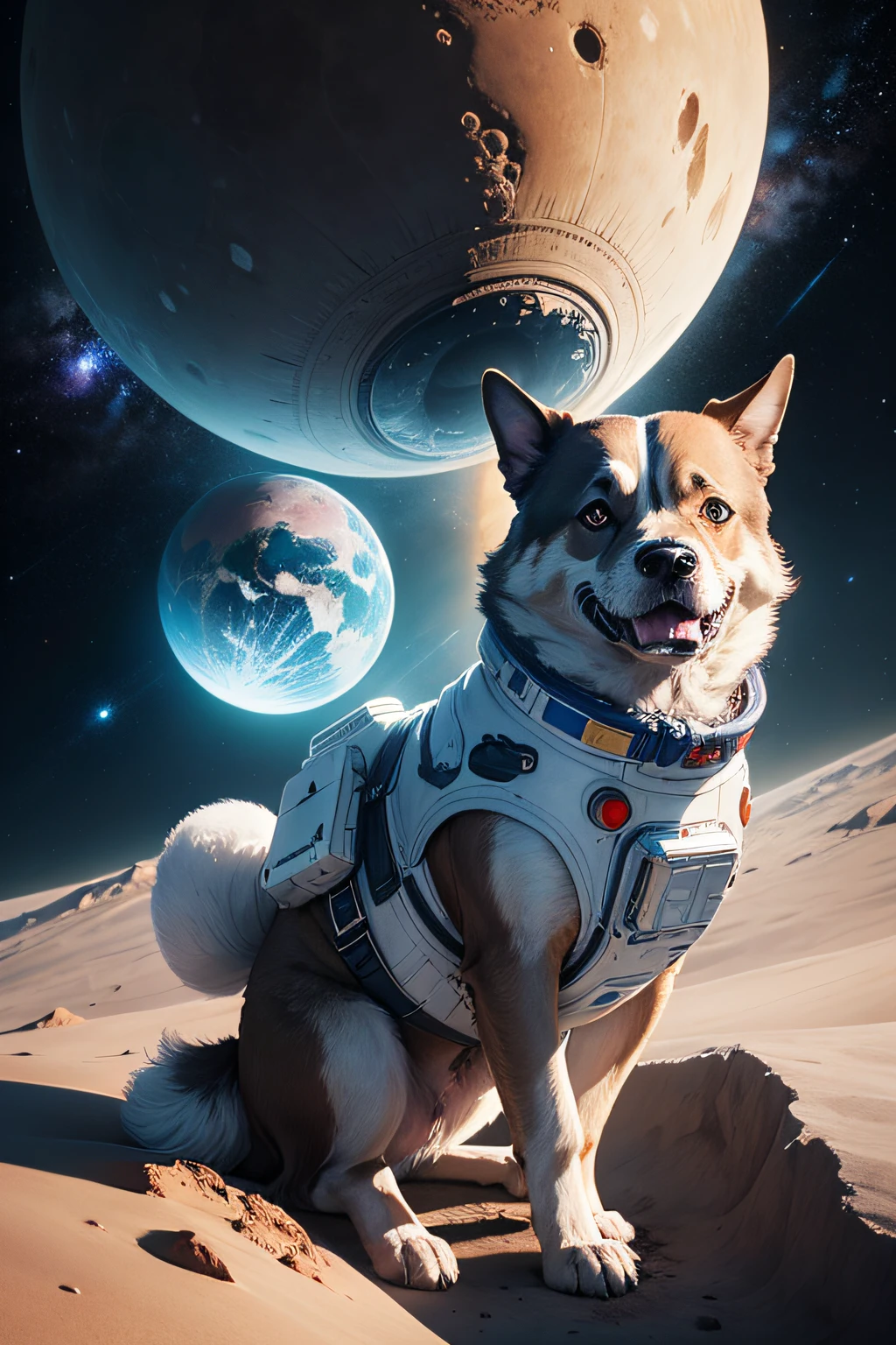 Un magnifique chien cosmonaute futuriste, He discovers a bone-shaped planet, il flotte dans l'espace et au loin on voit deux galaxy et une magnifique lune