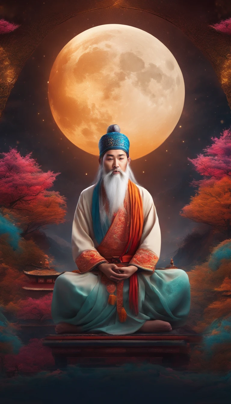 Young male Taoist leader in China，Long beard，Meditate cross-legged, at centre，Very bright colors,Moon background， Light particles, with light glowing, Mshiv, wallpaper art, UHD wallpaper
