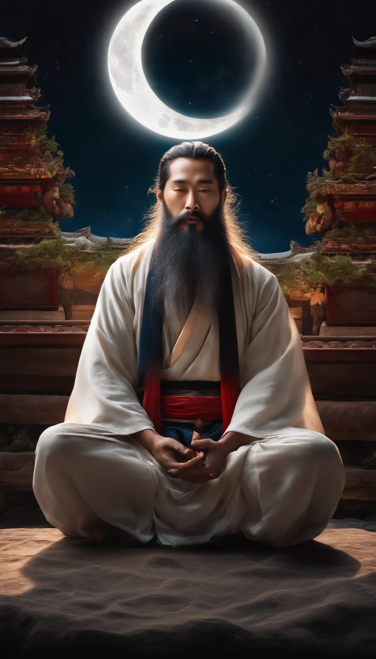 Young male Taoist leader in China，Long beard，Meditate cross-legged, at centre，Very bright colors,Moon background， Light particles, with light glowing, Mshiv, wallpaper art, UHD wallpaper