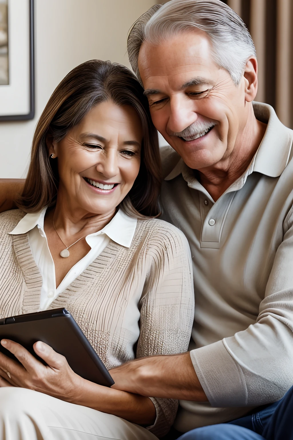 50 year old couple, smiling, brown hair, reading a kindle, iphone camera quality photograph, 8k, photo realistic